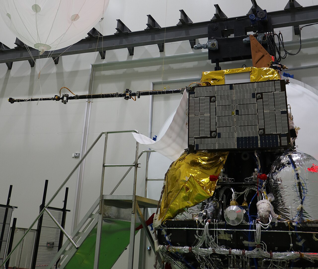 Smile spacecraft during a test of the magnetometer boom deployment.