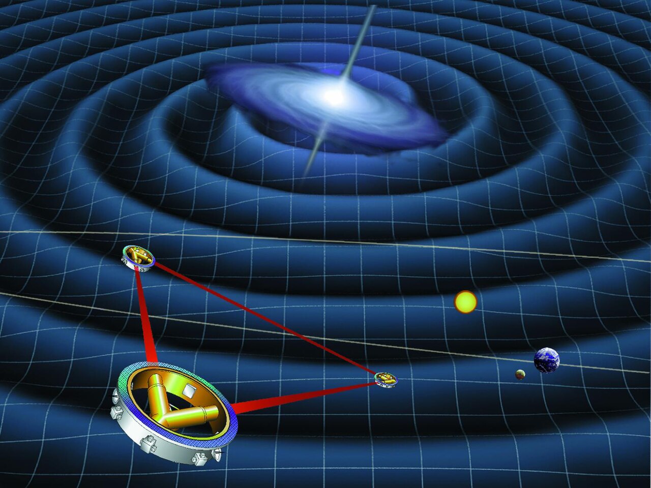 Illustration of three LISA spacecraft forming a triangle in space.