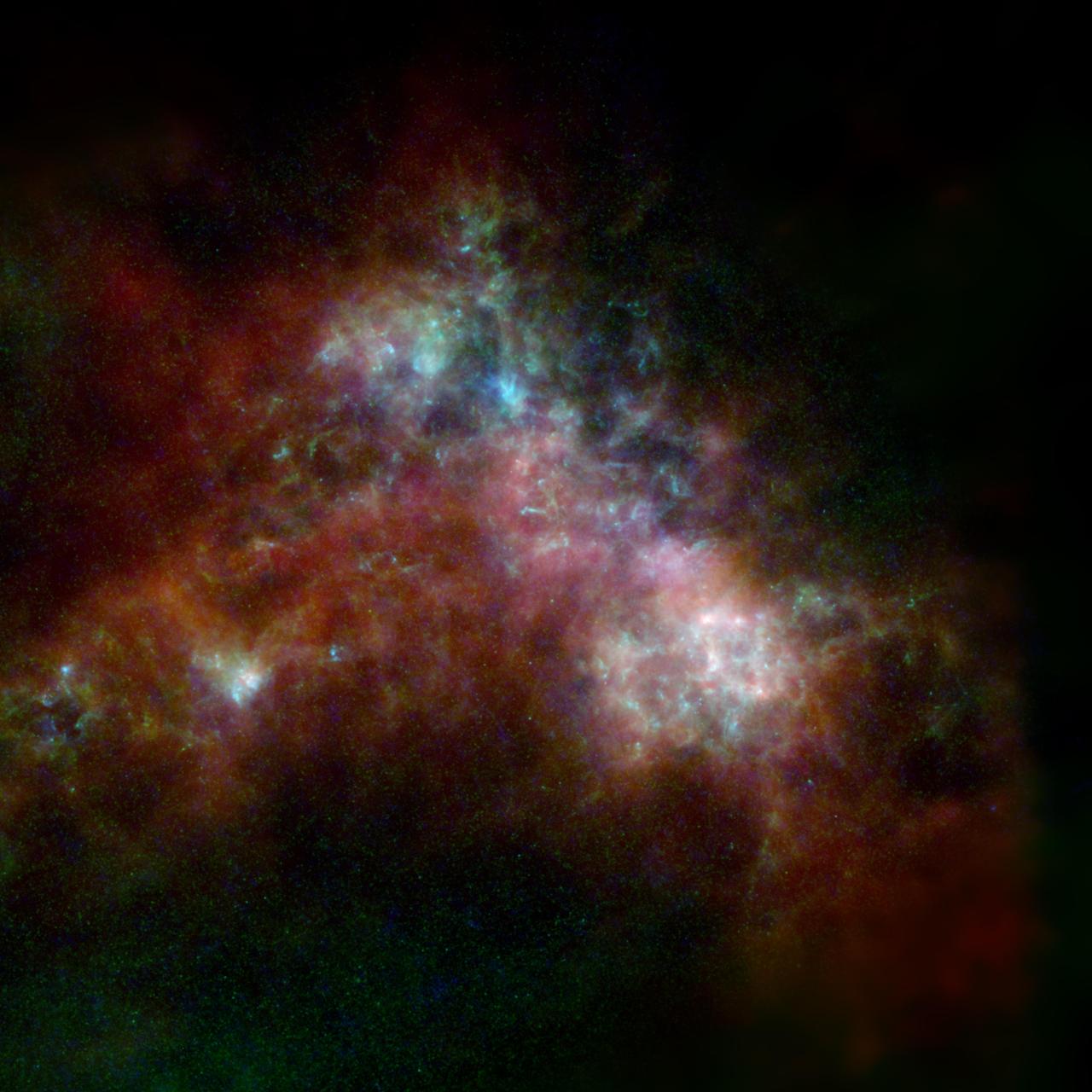 A colorful infrared image of the Small Magellanic Cloud galaxy.