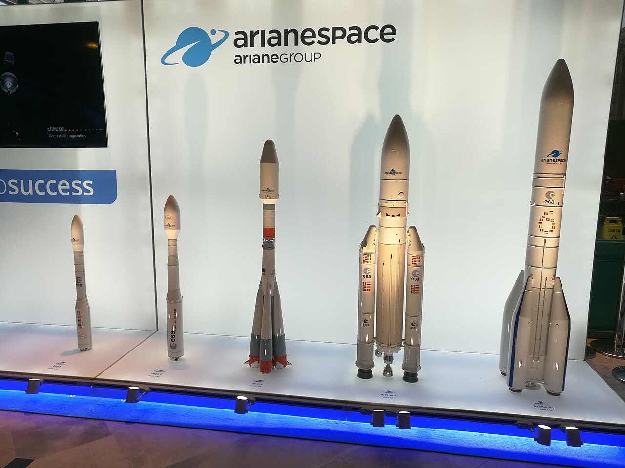 Models of Vega, Soyuz, Ariane 5, and Ariane 6 rockets.