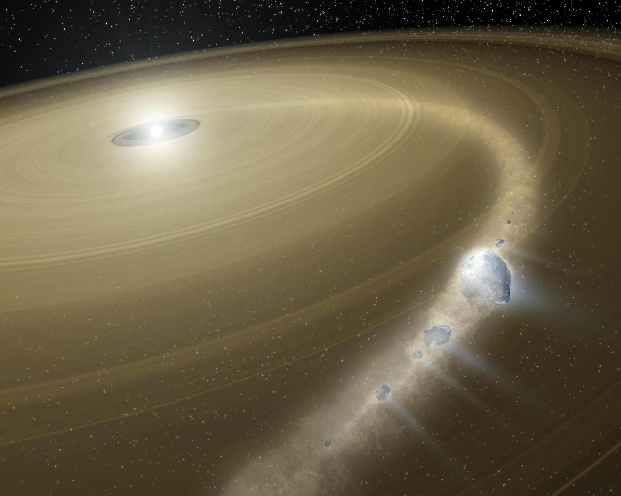 Artist concept of a comet torn apart around a white dwarf.