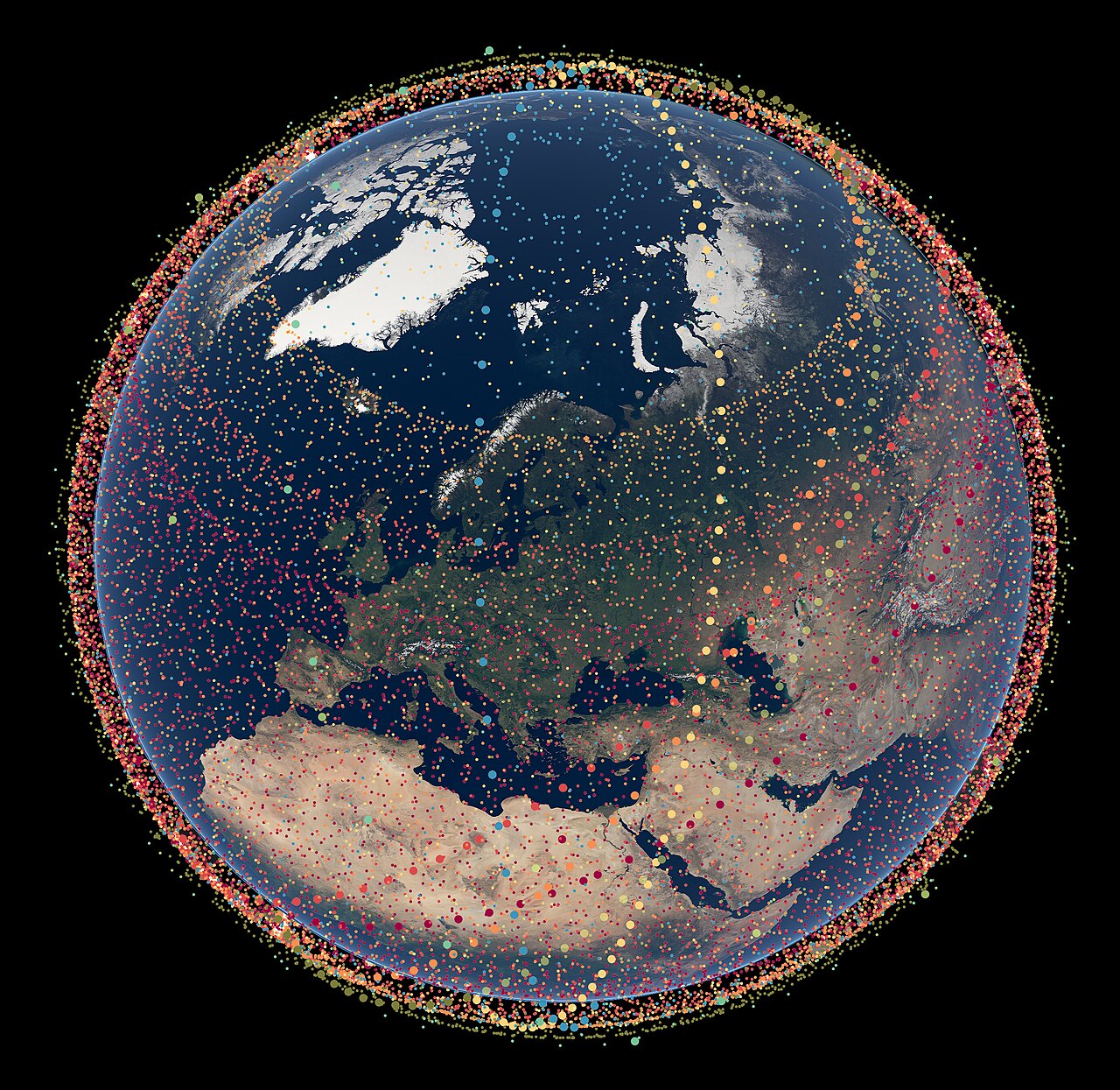 Visualization of Starlink Generation 2 constellation with different sub-constellations in color.