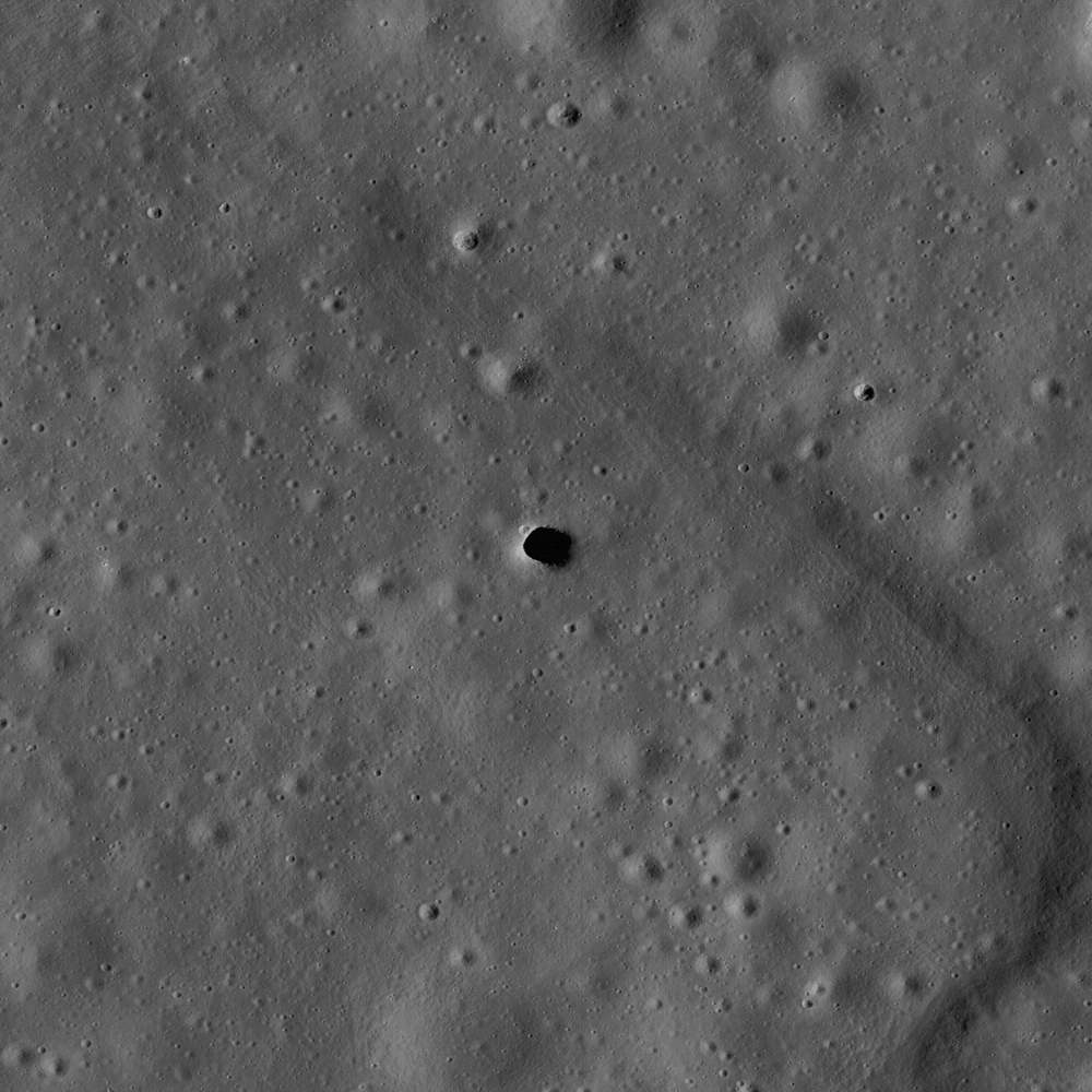 The Marius Hills pit on the Moon, a possible skylight in a lava tube.