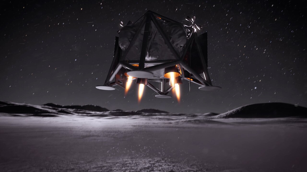 Artist's concept of a MoonFall drone surveying the lunar South Pole.