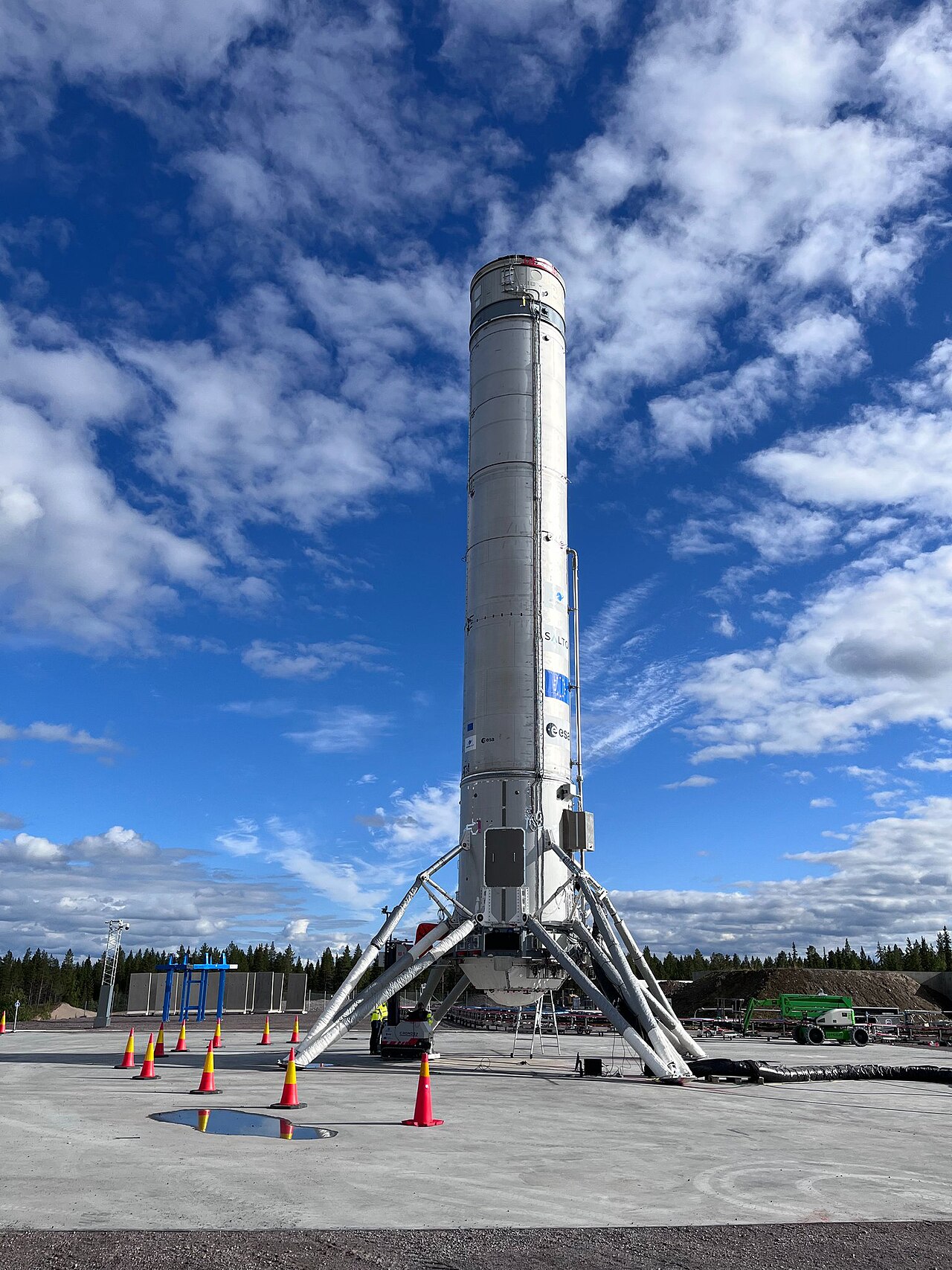 The Themis reusable rocket demonstrator on a test stand.
