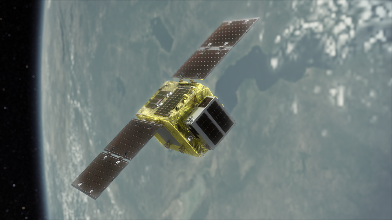 Diagram of two spacecraft, a larger servicer and a smaller client, connected.